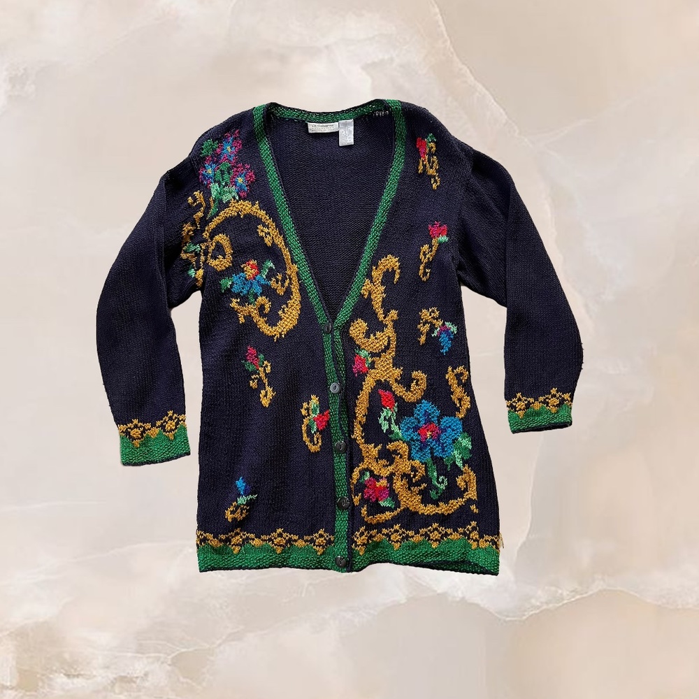 LIZ CLAIBORNE Vintage Women's Knit Cardigan Sweater Small Blue Floral Silk 80s